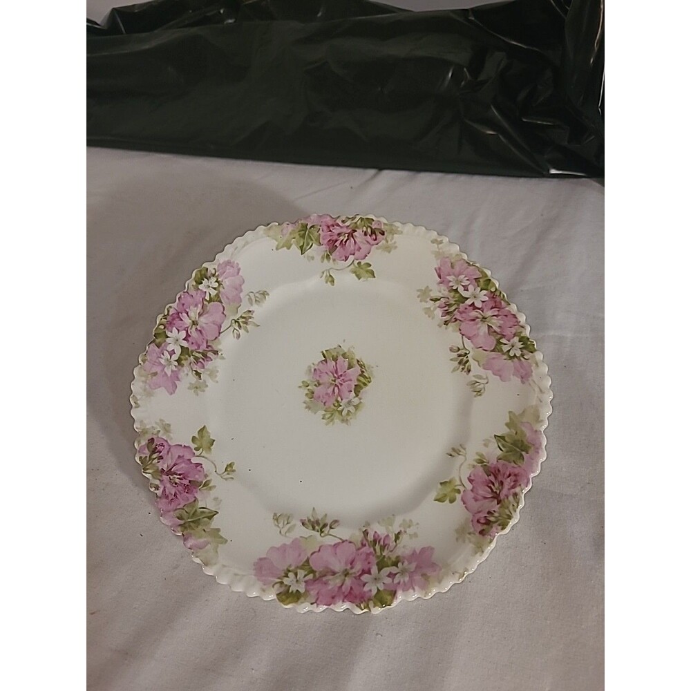 Antique Vintage 8 in scalloped edge white porcelain plate with pink flowers